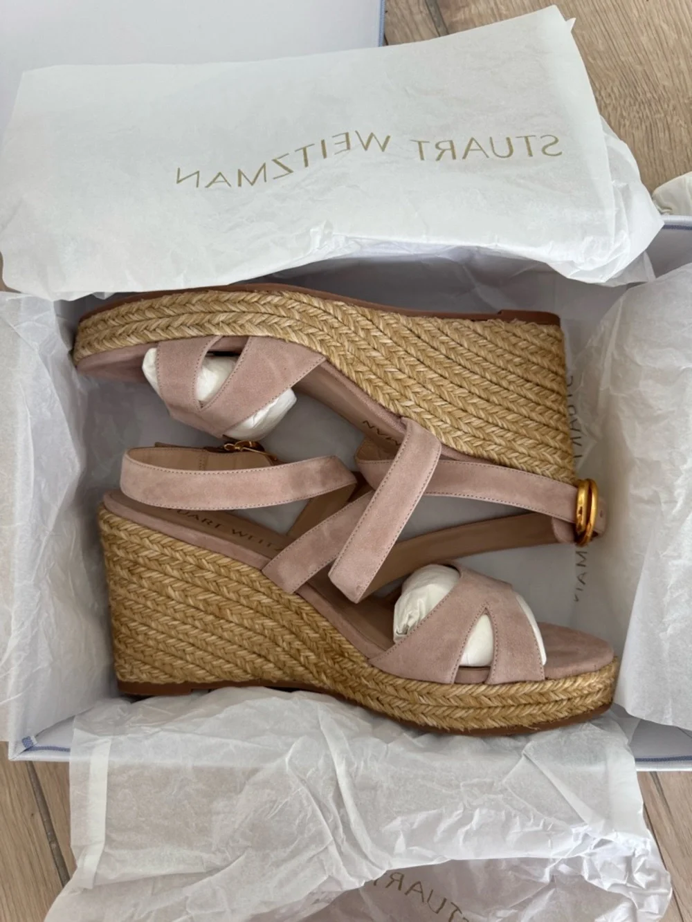 NEW Stuart Weitzman Zuzu Suede Espadrille Wedge Sandals 9.5 Nude Blush - Picture 6 of 8